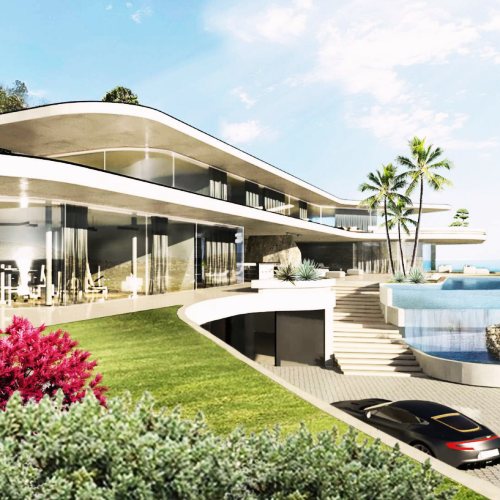 Villa contemporaine et bassin, vue mer